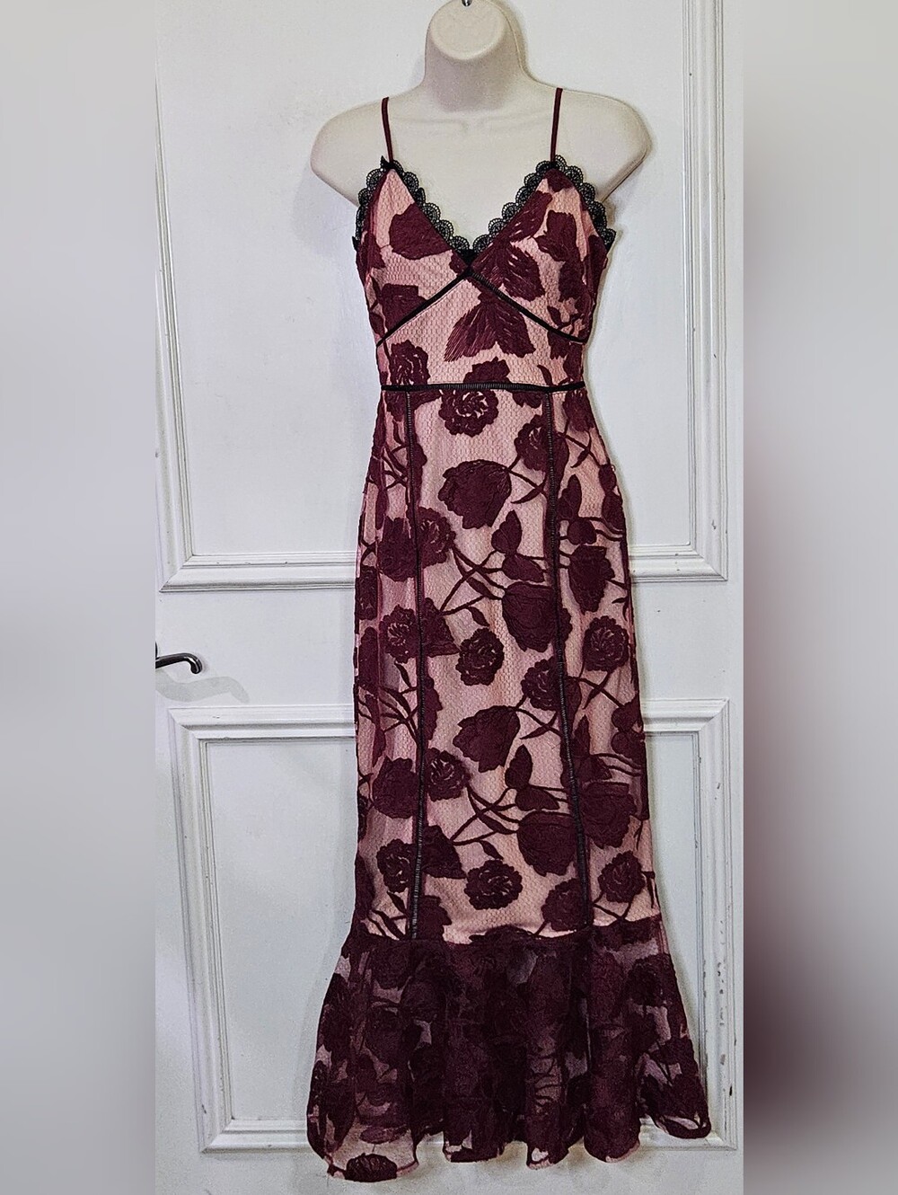 Lulu's Blush Pink and Wine Floral Lace Midi Dress